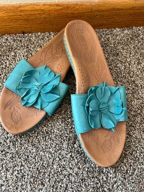 Born Women’s Teal Slide Sandals with Floral Applique